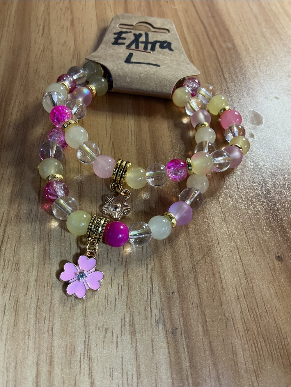 Pink Floral Charm Beaded Stretch Bracelet - Unbranded